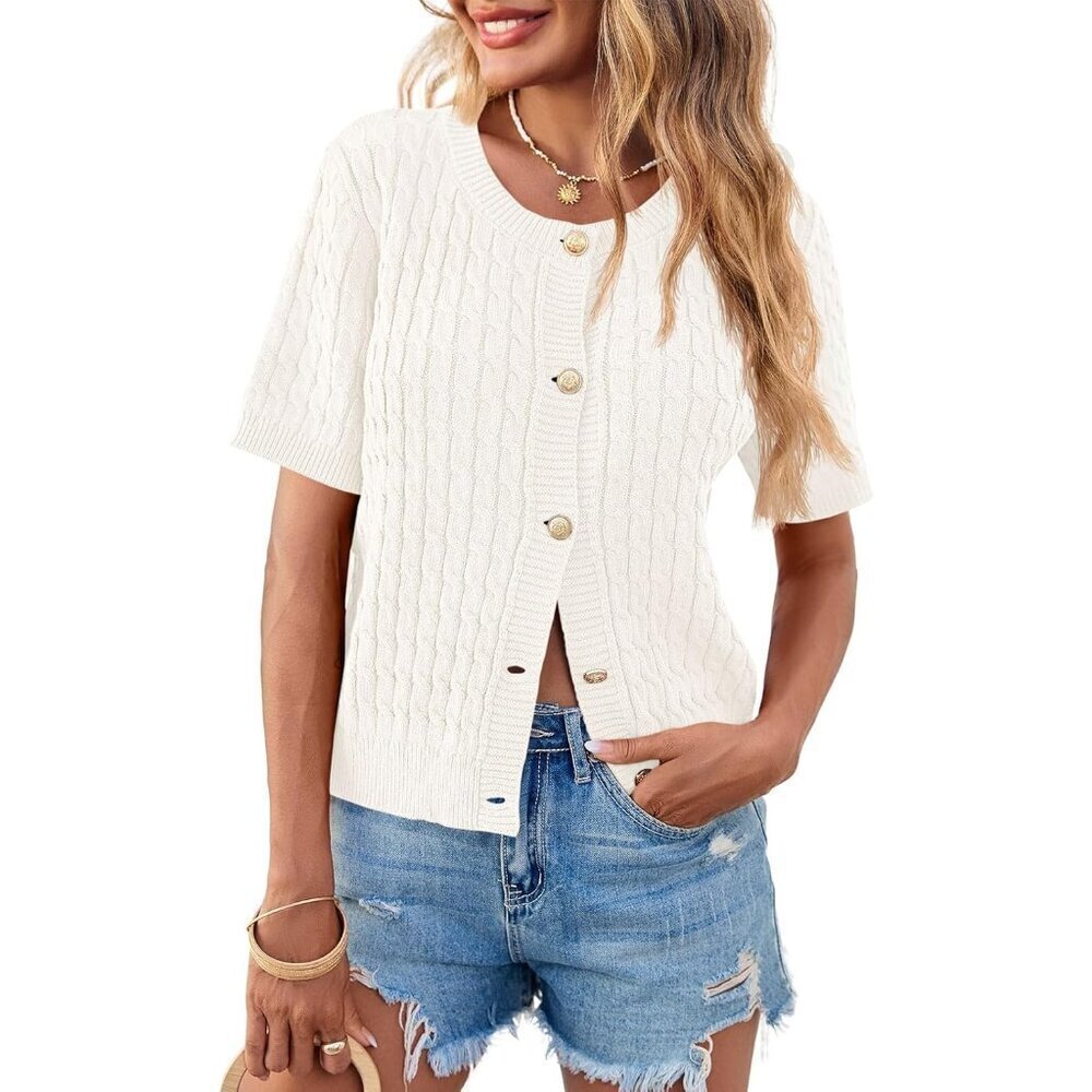 Women's Cotton-Acrylic Cable Knit Short Sleeve Cropped Cardigan Top